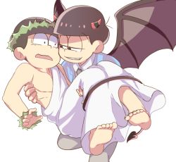 Rule 34 | 10s, 2boys, ancient greek clothes, armpits, bad id, bad pixiv id, bare shoulders, barefoot, brothers, carrying, carrying person, demon horns, demon tail, demon wings, greco-roman clothes, himation, horns, incest, koineko (aph0310), male focus, matsuno choromatsu, matsuno osomatsu, multiple boys, osomatsu-kun, osomatsu-san, princess carry, siblings, simple background, soles, tail, toga, white background, wings, wreath, wristband, yaoi