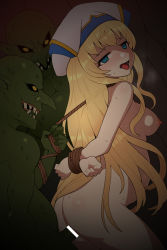 Rule 34 | 1girl, arms behind back, ass, bad id, bad pixiv id, bar censor, bdsm, big belly, blonde hair, blue eyes, bondage, bound, bound wrists, breasts, censored, colored skin, completely nude, cowboy shot, empty eyes, goblin, goblin slayer!, green skin, hat, hetero, indoors, inflation, long hair, monster, nipples, nt00, nude, penis, pointy ears, pregnant, priestess (goblin slayer!), rape, restrained, rope, sex, sex from behind, small breasts, solo focus, tears, tongue, tongue out, vaginal, white headwear