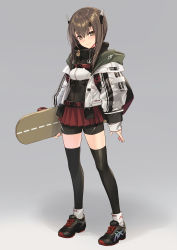 Rule 34 | 1girl, absurdres, adapted costume, asics, backpack, bag, bike shorts, black thighhighs, blush, brown eyes, brown hair, closed mouth, commentary request, corset, full body, grey background, hair between eyes, headgear, highres, holding, holding skateboard, jacket, kantai collection, looking at viewer, shoes, short hair, sigm@, simple background, skateboard, skirt, smile, sneakers, socks, socks over thighhighs, solo, standing, taihou (kancolle), thighhighs, white jacket, zettai ryouiki