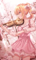 Rule 34 | 1girl, absurdres, ahoge, blonde hair, bow (music), cherry blossoms, commentary request, day, highres, holding, holding instrument, holding violin, instrument, long hair, looking to the side, miyazono kawori, music, outdoors, pink skirt, playing instrument, ponytail, shigatsu wa kimi no uso, shirt, skirt, solo, tokkyu, violin