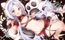 Rule 34 | 1girl, absurdres, animal hands, artist name, azur lane, blue hair, blush, breasts, chang chun (azur lane), chang chun (the joy of spring) (azur lane), chinese clothes, commentary request, commission, fang, haruka poi, highres, long hair, looking at viewer, navel, official alternate costume, open mouth, red eyes, simple background, small breasts, solo, thighs