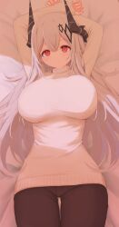 Rule 34 | 1girl, alternate costume, arknights, arms up, bed sheet, black pants, blush, breasts, closed mouth, grey hair, hair ornament, highres, horns, large breasts, long hair, long sleeves, looking at viewer, lying, mudrock (arknights), on back, on bed, pants, pointy ears, red eyes, risshu, sleeves past wrists, smile, solo, sweater, thigh gap, very long hair, white sweater