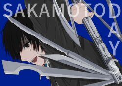 Rule 34 | 1boy, black hair, black suit, collared shirt, copyright name, elaborate weapon, finger tattoo, formal, highres, holding, holding weapon, looking at viewer, nagumo (sakamoto days), number tattoo, open mouth, rokuen skd, sakamoto days, shirt, suit, swiss army knife, tattoo, weapon, white shirt
