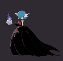 Rule 34 | alternate color, black dress, blue hair, candle, colored skin, commentary request, creatures (company), dress, fire, fire, flipped hair, from side, full body, game freak, gardevoir, gen 3 pokemon, gen 5 pokemon, holding, litwick, mega gardevoir, mega pokemon, nintendo, omaru (wick moshi), pokemon, pokemon (creature), red eyes, shiny pokemon, standing, white skin
