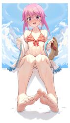 Rule 34 | 1girl, alice gear aegis, aomoro, artist name, barefoot, bikini, bikini under clothes, blue sky, blush, breasts, cloud, cloudy sky, collarbone, commentary, day, feet, footprints, foreshortening, frilled bikini, frilled jacket, frills, full body, hair between eyes, hands up, highres, hirasaka yotsuyu, holding, jacket, long hair, long sleeves, looking at viewer, navel, off shoulder, open clothes, open jacket, open mouth, orange bikini, outdoors, pink eyes, pink hair, sandals, unworn sandals, shadow, sidelocks, sitting, sky, sleeves past wrists, small breasts, soles, solo, swimsuit, symbol-only commentary, teeth, toenails, toes, upper teeth only, wet, white jacket
