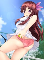 Rule 34 | 10s, 1girl, ass, ball, blue sky, blurry, blush, brown hair, cloud, cowboy shot, day, depth of field, gradient background, highres, kantai collection, kisaragi (kancolle), long hair, looking at viewer, looking to the side, object in clothes, object in panties, open mouth, panties, pink panties, purple eyes, racket, ribbon, skirt, sky, solo, sportswear, tears, tennis, tennis ball, tennis racket, tennis uniform, underwear, utahane