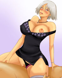 Rule 34 | 1girl, alternate costume, black dress, black panties, blush, bracelet, breast slip, breasts, bridal garter, censored, christie (doa), clothed female nude male, clothing aside, covered erect nipples, cowgirl position, dead or alive, dress, female pubic hair, girl on top, happy sex, hetero, highres, jewelry, large breasts, momo 765, mosaic censoring, necklace, nipples, nude, one breast out, panties, panties aside, pendant, pubic hair, purple eyes, sex, short hair, side slit, silver hair, solo focus, straddling, strap slip, underwear, vaginal