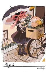 Rule 34 | 1girl, ace attorney, bicycle, black dress, black footwear, black umbrella, blue eyes, boots, bouquet, bow, bow-shaped hair, box, brick road, closed mouth, dress, drill hair, flower, frilled gloves, frills, full body, gloves, goggles, goggles on head, hair rings, highres, holding, holding bouquet, holding umbrella, iris wilson, long hair, looking at viewer, outdoors, parasol, pink hair, puffy sleeves, smile, solo, standing, the great ace attorney, twintails, umbrella, usalock, yellow bow, youriliquid