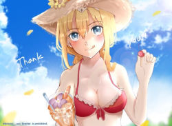 Rule 34 | 1girl, alice zuberg, bad id, bad pixiv id, bikini, blonde hair, blue eyes, blue sky, blush, breasts, cleavage, closed mouth, cloud, collarbone, day, drinking straw, frilled bikini, frills, front-tie bikini top, front-tie top, hair between eyes, hairband, hat, holding, lens flare, long hair, looking at viewer, medium breasts, outdoors, red bikini, sky, smile, solo, straw hat, sugar (eugeo), swimsuit, sword art online, tongue, tongue out, twitter username, upper body, white hairband