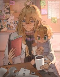 Rule 34 | 2boys, absurdres, aged down, blonde hair, book, bottle, child, coffee, coffee mug, commentary, cookie, crys (xenoblade), cup, dadeltan, dunban (xenoblade), english commentary, english text, father and son, fiora (xenoblade), fish, food, glasses, hair between eyes, highres, holding, holding book, juju (xenoblade), kino (xenoblade), lab coat, melia antiqua, milk bottle, mug, multiple boys, nene (xenoblade), nikol (xenoblade), office, photo (object), pregnant, reyn (xenoblade), riki (xenoblade), schedule, sharla (xenoblade), shulk (xenoblade), sticky note, sweater, turtleneck, turtleneck sweater, xenoblade chronicles (series), xenoblade chronicles 3, xenoblade chronicles 3: future redeemed