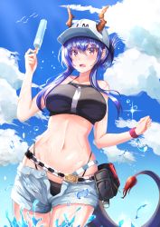 Rule 34 | 1girl, absurdres, arknights, bad id, bad pixiv id, bare arms, bare shoulders, baseball cap, belt, bikini, black bikini, blue hair, blue sky, blush, breasts, ch&#039;en (arknights), ch'en (arknights), cloud, commentary, cowboy shot, day, dragon horns, dragon tail, female tourist c (arknights), food, grey shorts, hair between eyes, hand up, hat, highleg, highleg bikini, highres, holding, holding food, horns, large breasts, long hair, looking at viewer, navel, official alternate costume, open fly, open mouth, popsicle, pouch, purple eyes, short shorts, shorts, sidelocks, sirius (gliese6016), sky, solo, sparkle, standing, stomach, swimsuit, tail, water drop, white hat, wristband