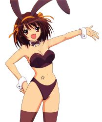 Rule 34 | 1girl, animal ears, bandeau, bikini, breasts, cleavage, female focus, hair ribbon, highres, navel, rabbit ears, rabbit girl, ribbon, short hair, solo, strapless, suzumiya haruhi, suzumiya haruhi no yuuutsu, swimsuit, tattoo, thighhighs, third-party edit, transparent background, tube top