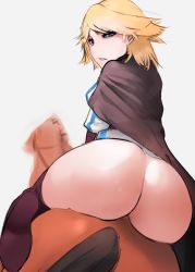 Rule 34 | 1girl, ass, blonde hair, bottomless, cloak, horse, huge ass, looking at viewer, looking back, neia baraja, no panties, overlord (maruyama), scathegrapes, short hair, solo, wide hips