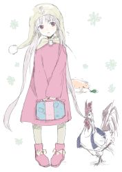 Rule 34 | 1girl, anger vein, animal, ankle boots, bag, bird, boots, case, chicken, clothed animal, dress, floral background, flying sweatdrops, full body, fuyuno haruaki, hat, holding, long hair, long sleeves, looking at viewer, open mouth, original, pig, pigeon-toed, pink dress, pink eyes, pink footwear, purple hair, rooster, simple background, solo, twintails, very long hair, white background