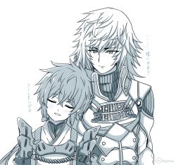 Rule 34 | 1boy, 1girl, armor, blue background, blue theme, closed eyes, gloves, jin (xenoblade), lora (xenoblade), mochimochi (xseynao), monochrome, nintendo, parted lips, pauldrons, short hair, shoulder armor, simple background, smile, translation request, xenoblade chronicles (series), xenoblade chronicles 2, xenoblade chronicles 2: torna - the golden country