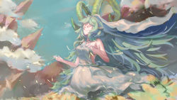 Rule 34 | 1girl, absurdres, backless dress, backless outfit, blue sky, breasts, cleavage, closed eyes, cloud, day, dress, facing viewer, hands up, highres, horns, long hair, medium breasts, mountain, outdoors, pixiv fantasia, pixiv fantasia last saga, pointy ears, sidelocks, sky, solo, standing, verbalthought, very long hair, white dress