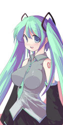 Rule 34 | 1girl, aqua hair, blue hair, breasts, covered erect nipples, detached sleeves, female focus, hatsune miku, highres, impossible clothes, impossible shirt, large breasts, long hair, necktie, saiste, shirt, simple background, solo, twintails, vocaloid