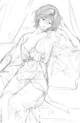 Rule 34 | 1girl, bed, breasts, cleavage, collarbone, covered erect nipples, curtains, greyscale, hair between eyes, hand on own head, indoors, large breasts, medium breasts, moaomao mo, monochrome, original, parted lips, pillow, see-through, short hair, sitting, sketch, solo, unfinished