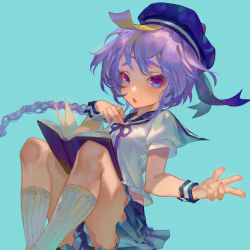 Rule 34 | 1girl, :o, absurdres, alternate costume, aqua background, blue headwear, blue sailor collar, blue skirt, book, braid, braided ponytail, chinese commentary, commentary request, crossed ankles, eyelashes, feet out of frame, genshin impact, hair between eyes, hand up, highres, kneehighs, knees, legs, long hair, looking at viewer, open book, open mouth, pleated skirt, purple eyes, purple hair, qiqi (genshin impact), rui (gsr1982), sailor collar, shirt, simple background, skirt, socks, solo, thick eyebrows, white shirt, white socks