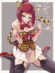 Rule 34 | 1girl, animal ears, animal print, black thighhighs, blunt bangs, blush stickers, bow, bowtie, breasts, cleavage, clenched hands, closed mouth, collar, detached collar, fake animal ears, fake tail, fingernails, garter straps, green eyes, grey background, hair bun, head tilt, high heels, lace, lace-trimmed shirt, lace trim, leopard ears, leopard print, leopard tail, light frown, looking at viewer, medium breasts, miniskirt, outside border, pleated skirt, red bow, red bowtie, red footwear, red hair, saki (manga), shadow, shirt, short hair, single hair bun, sitting, skirt, solo, strapless, tail, thighhighs, usuzawa sae, w arms, wariza, white collar, white skirt, wing collar, yaku yojino