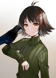 Rule 34 | 1girl, absurdres, animal on arm, antenna hair, bird, black hair, brown background, brown eyes, closed mouth, commentary request, gradient background, green sweater, highres, long sleeves, looking at viewer, meito (maze), nonaka haru, ribbed sweater, sleeves past wrists, smile, solo, sweater, thick eyebrows, turtleneck, turtleneck sweater, upper body, white background, yesterday wo utatte
