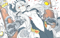 Rule 34 | 1girl, abyssal ship, black horns, breasts, claws, colored skin, enemy aircraft (kancolle), eyeball hair ornament, fast light carrier water demon, hair ornament, horns, kantai collection, long hair, looking at viewer, low twintails, ninimo nimo, pale skin, red eyes, simple background, small breasts, tiara, twintails, very long hair, white background, white hair, white skin