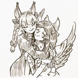 Rule 34 | 2girls, :3, animal ears, bird wings, blunt bangs, blush, bow, braid, cat ears, closed eyes, closed mouth, collared shirt, commentary, dress, feathered wings, graphite (medium), greyscale, hair bow, heads together, hug, kaenbyou rin, long hair, menotama, monochrome, multiple girls, parted bangs, puffy short sleeves, puffy sleeves, reiuji utsuho, shirt, short sleeves, smile, third eye, touhou, traditional media, twin braids, v arms, wings