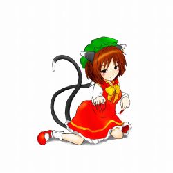Rule 34 | 1girl, animal ears, brown eyes, brown hair, cat ears, cat girl, cat tail, chen, china dress, chinese clothes, dress, earrings, female focus, hat, jewelry, multiple tails, ribbon, secchuu (12:19), simple background, solo, tail, touhou