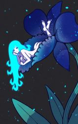 Rule 34 | 1girl, akairiot, aqua hair, ass, blue eyes, breasts, commentary, flower, glowing, highres, large breasts, legs up, long hair, lying, mini person, minigirl, nude, on stomach, orchid, original, smile, soles, solo, the pose, toes