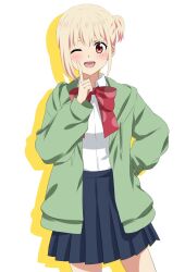 Rule 34 | 1girl, ;d, alternate costume, alternate hairstyle, blonde hair, blue skirt, blush, bob cut, bocchi the rock!, bow, collared shirt, commentary request, cosplay, cowboy shot, dars (recolors), green hoodie, hand on own hip, highres, hood, hoodie, ijichi nijika, ijichi nijika (cosplay), long sleeves, looking at viewer, lycoris recoil, nishikigi chisato, one eye closed, open clothes, open hoodie, open mouth, pleated skirt, red bow, red eyes, school uniform, shirt, shirt tucked in, short hair, side ponytail, sidelocks, skirt, smile, solo, standing, white shirt