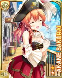 Rule 34 | 1girl, :d, blouse, brown eyes, brown hair, card (medium), corset, day, closed eyes, girlfriend (kari), hair ornament, hat, looking at viewer, official art, open mouth, outdoors, pirate costume, pirate hat, pirate ship, ponytail, qp:flapper, red skirt, sakurai akane (girlfriend), shirt, skirt, smile, white shirt