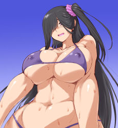 Rule 34 | 1girl, bikini, black hair, blue eyes, breasts, cleavage, curvy, freckles, hair over one eye, ichimonji meiko, large breasts, lilith-soft, lips, long hair, micro bikini, navel, nervous smile, open mouth, purple eyes, shiny skin, side ponytail, simple background, smile, solo, sweat, swimsuit, taimanin (series), taimanin rpgx, very long hair, wide hips, zol