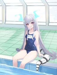 Rule 34 | 1girl, absurdres, blue one-piece swimsuit, collarbone, commission, covered navel, dragon girl, dragon horns, dragon tail, grey hair, highres, holographic horns, horns, ibuki meno, long hair, mechanical tail, merumaruru, name tag, one-piece swimsuit, pool, prism project, purple eyes, school swimsuit, second-party source, solo, swimsuit, tail, very long hair, virtual youtuber