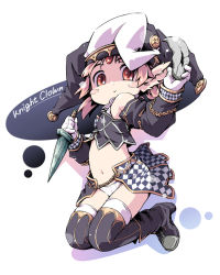 Rule 34 | 1girl, animal ears, blush stickers, boots, brown eyes, brown hair, dagger, flat chest, gloves, ham (points), hat, holding, knife, navel, panties, porkul (wizardry), showgirl skirt, smile, solo, thighhighs, underwear, weapon, white gloves, white panties, white thighhighs, wizardry online