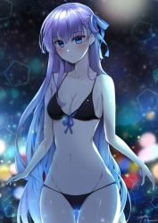 Rule 34 | 1girl, bad id, bad pixiv id, bikini, black bikini, blue eyes, blue ribbon, blurry, blurry background, blush, breasts, cleavage, collarbone, cowboy shot, fate/grand order, fate (series), front-tie bikini top, front-tie top, gluteal fold, groin, hair between eyes, hair ribbon, long hair, meltryllis (fate), night, outdoors, parted lips, purple hair, purple ribbon, ribbon, small breasts, solo, standing, swimsuit, thigh gap, very long hair, yeooudam