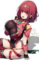 Rule 34 | 1girl, black gloves, breasts, chest jewel, ddangbi, earrings, fingerless gloves, gloves, highres, jewelry, large breasts, pyra (xenoblade), red eyes, red hair, red shorts, red thighhighs, short hair, short shorts, shorts, solo, swept bangs, thighhighs, tiara, xenoblade chronicles (series), xenoblade chronicles 2