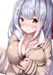 Rule 34 | 1girl, :3, blush, bow, bow bra, bra, breasts, cleavage, collarbone, cross, cross hair ornament, gabriel dropout, hair ornament, jacket, large breasts, long hair, long sleeves, looking at viewer, mochiyuki, partially unbuttoned, raphiel shiraha ainsworth, silver hair, simple background, smile, solo, transparent background, underwear, upper body, white background, yellow eyes