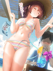Rule 34 | beach, bikini, blush, braid, brown hair, check commentary, check translation, closed eyes, commentary request, drinking straw, drinking straw in mouth, dutch angle, front-tie bikini top, front-tie top, hat, highres, holding, holding drinking straw, long hair, original, outdoors, short hair, side-tie bikini bottom, sidelocks, swimsuit, tachiinu, translation request