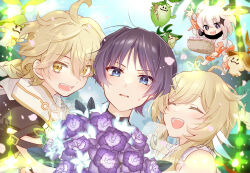 2boys 2girls aether_(genshin_impact) ahoge aranara_(genshin_impact) ateliermineru bare_shoulders basket black_eyes black_scarf black_shirt black_sleeves blonde_hair blue_eyes blunt_ends bouquet bright_pupils closed_eyes cropped_shirt diamond_hair_ornament eyelashes eyeliner eyeshadow feather_hair_ornament feathers flower genshin_impact gold_trim hair_between_eyes hair_ornament hand_up highres holding holding_basket holding_bouquet long_hair long_sleeves looking_at_viewer loose_hair_strand low-braided_long_hair low-tied_long_hair lumine_(genshin_impact) makeup messy_hair multiple_boys multiple_girls open_hand open_mouth outdoors paimon_(genshin_impact) purple_flower purple_hair red_eyeliner red_eyeshadow scaramouche_(genshin_impact) scarf shirt short_hair short_hair_with_long_locks siblings sidelocks sumeru_rose_(genshin_impact) sweatdrop teeth tongue twins upper_teeth_only wanderer_(genshin_impact) white_feathers white_hair white_pupils white_romper white_scarf white_sleeves