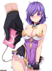 Rule 34 | 1girl, arme, bad id, bad pixiv id, bare shoulders, blush, breasts, cleavage, ddangbi, detached collar, dress, gloves, grand chase, large breasts, long hair, looking at viewer, nipple slip, nipples, no bra, purple eyes, purple hair, sex toy, solo, standing, vibrator, watermark