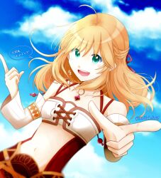 Rule 34 | 1girl, blonde hair, cloud, commentary request, dlllll lllllb, fiora (xenoblade), green eyes, hair ribbon, highres, long hair, looking at viewer, navel, open mouth, ribbon, smile, solo, xenoblade chronicles (series), xenoblade chronicles 1