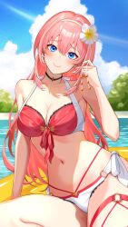Rule 34 | 1girl, absurdres, bare shoulders, blue eyes, breasts, cleavage, highres, hololive, holox, long hair, looking at viewer, medium breasts, outdoors, pink hair, sable mint, smile, solo, swimsuit, takane lui, virtual youtuber