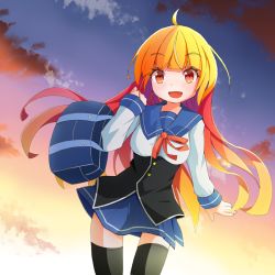 Rule 34 | 1girl, :d, ahoge, bag, black thighhighs, blonde hair, blue sailor collar, blue skirt, blush, breasts, cloud, commentary request, hand up, holding, holding bag, long hair, long sleeves, looking at viewer, mamagogo (gomaep), medium breasts, open mouth, original, outdoors, pleated skirt, red eyes, sailor collar, school bag, shirt, skirt, sky, sleeves past wrists, smile, solo, sunset, thighhighs, underbust, very long hair, white shirt
