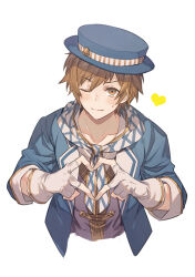 Rule 34 | 1boy, a082, blue hat, blue jacket, brown hair, closed mouth, cropped torso, fingerless gloves, gloves, gran (granblue fantasy), granblue fantasy, hat, heart, heart hands, jacket, long sleeves, looking at viewer, male focus, neckerchief, one eye closed, short hair, simple background, smile, sweatdrop, upper body, vest, white background, white gloves