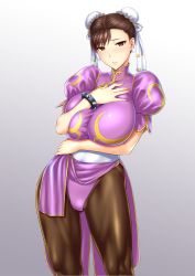 Rule 34 | 1girl, alternate breast size, alternate color, blush, bracelet, breasts, brown pantyhose, bun cover, capcom, china dress, chinese clothes, chun-li, double bun, dress, earrings, eyeshadow, gradient background, grey background, hair bun, hand on own chest, highleg, highleg leotard, highres, huge breasts, impossible clothes, jewelry, leotard, lips, makeup, pantyhose, pelvic curtain, pink dress, pink leotard, puffy sleeves, shiny clothes, short sleeves, solo, spiked bracelet, spikes, st.germain-sal, street fighter, sweatdrop, swept bangs