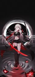 Rule 34 | 0kuroshii, 1girl, absurdres, acheron (honkai: star rail), armor, asymmetrical legwear, belt, black belt, black choker, black coat, black gloves, black hole, black shorts, blood, bloody tears, body markings, boots, breasts, bright pupils, choker, chromatic aberration, cleavage, coat, coattails, colored extremities, commentary, commentary request, criss-cross halter, crop top, detached sleeves, earrings, electricity, english commentary, eyes visible through hair, flower, gloves, glowing, glowing sword, glowing weapon, hair intakes, hair ornament, hair over one eye, halterneck, highres, holding, holding sword, holding weapon, honkai: star rail, honkai (series), jewelry, knee boots, large breasts, leg tattoo, long hair, looking at viewer, midriff, navel, parted lips, partial commentary, red eyes, red flower, ripples, scabbard, sheath, shorts, shoulder armor, sidelocks, single detached sleeve, single glove, single knee boot, single thigh boot, single wide sleeve, solo, standing, sword, tattoo, thigh boots, twitter username, unsheathed, very long hair, wading, weapon, white hair, white pupils