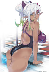 Rule 34 | 1girl, :o, arm support, ass, back cutout, bare shoulders, breasts, clothing cutout, commentary request, competition swimsuit, dark-skinned female, dark skin, demon girl, elf, from behind, gradient hair, green eyes, green hair, hair between eyes, hair ornament, hairclip, heterochromia, highres, impossible clothes, impossible swimsuit, large breasts, leaning forward, long hair, looking at viewer, looking back, mi mi ham, multicolored hair, one-piece swimsuit, open mouth, original, pointy ears, ponytail, pool, pool ladder, poolside, purple eyes, purple one-piece swimsuit, silver hair, simple background, solo, swimsuit, thighs, tile floor, tiles, twitter username, water, water drop, wet, white background