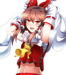 Rule 34 | 1girl, 422322, armpits, arms up, ascot, bad id, bad pixiv id, bandages, belly, blush, bow, brown eyes, brown hair, detached sleeves, e.o., female focus, hair bow, hair tubes, hakurei reimu, highres, open mouth, short hair, smile, solo, touhou