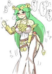 Rule 34 | 1girl, bare shoulders, between legs, blush, breasts, breath, clenched hand, collarbone, dress, female focus, green eyes, green hair, half-closed eyes, hand between legs, hand up, have to pee, highres, japanese text, jpeg artifacts, kid icarus, knocking, large breasts, legs together, long hair, marukuchi tensu, matching hair/eyes, nintendo, nose blush, open mouth, palutena, side slit, simple background, sketch, solo, speech bubble, standing, strapless, strapless dress, sweat, talking, text focus, thighhighs, tiara, translation request, vambraces, white background, white dress, white thighhighs