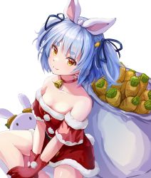 Rule 34 | 1girl, bare shoulders, bell, blue hair, choker, christmas, collarbone, commentary, dress, gloves, hair ribbon, highres, hololive, looking at viewer, neck bell, off-shoulder dress, off shoulder, orange eyes, pekomon (usada pekora), rabbit tail, red choker, red dress, red gloves, ribbon, santa costume, sitting, smile, solo, symbol-only commentary, tmo-cat, usada pekora, virtual youtuber